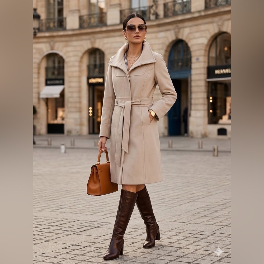 Mossimo Women’s Medium Tan Wool Blend Belted Coat Read Bellow For A Flawed